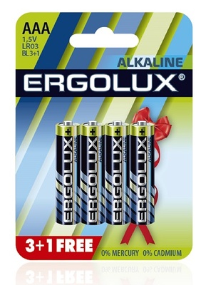 Ergolux Элемент питания  LR03  Alkaline  BL3+1 (FREE)  батарейка 1.5B