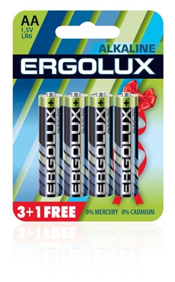 Ergolux элемент питания  LR6 Alkaline BL 3+1(FREE) (LR6 BL3+1, батарейка,1.5В)